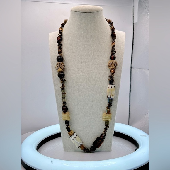 Brown Toned Semi Precious Stone Necklace 26” - Picture 1 of 4
